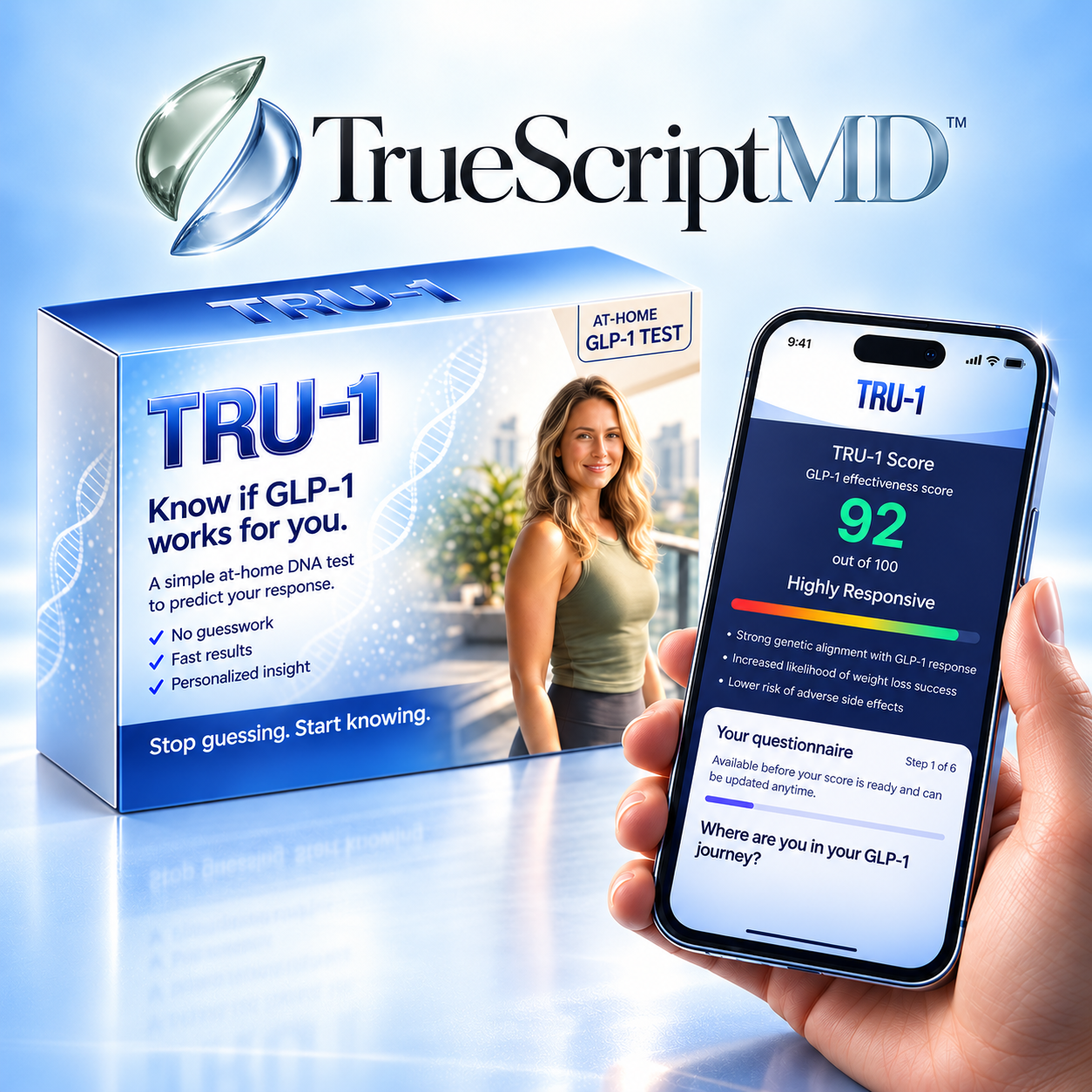 TRU-1 at-home GLP-1 genetic test kit box beside a hand holding a phone showing the TRU-1 score and questionnaire