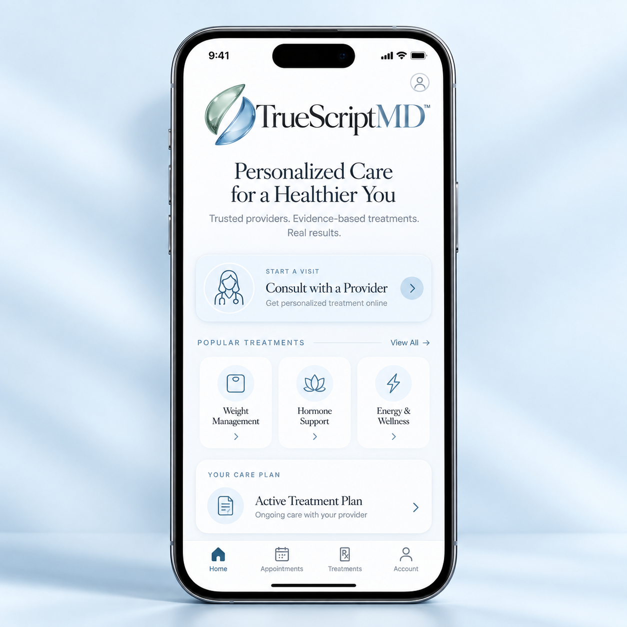 TrueScriptMD app home screen with provider consult and care plan