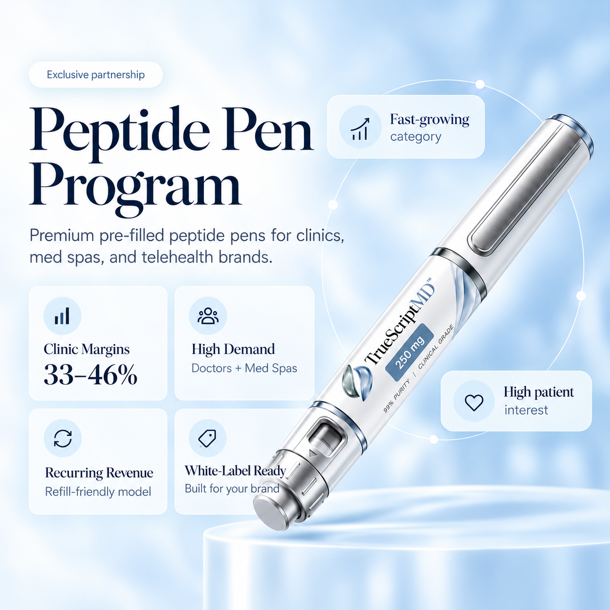 TrueScriptMD Peptide Pen Program: a pre-filled peptide pen on a pedestal, with programme benefits listed around it
