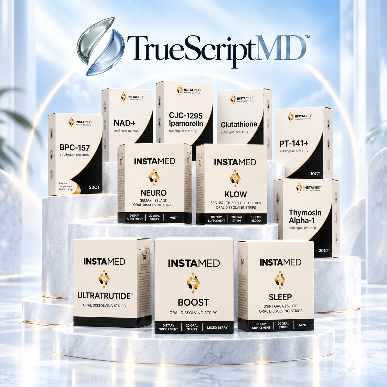 InstaMed dissolvable peptide strips: eleven product boxes arranged on tiered marble pedestals