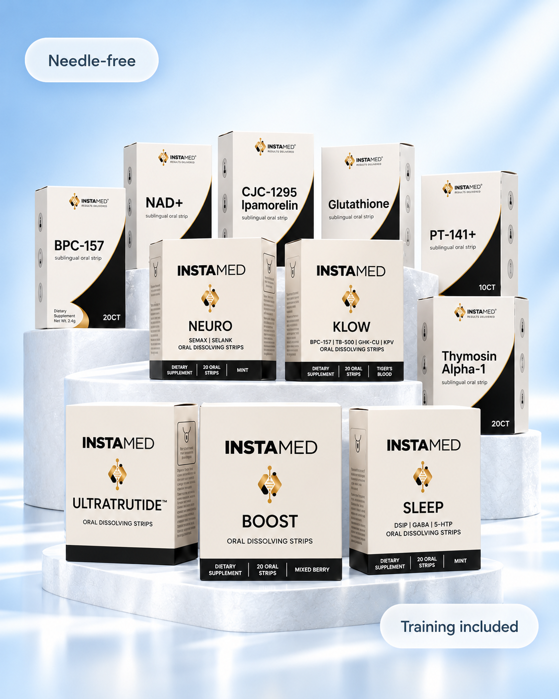 InstaMed dissolvable peptide strips: ten product boxes arranged on tiered pedestals