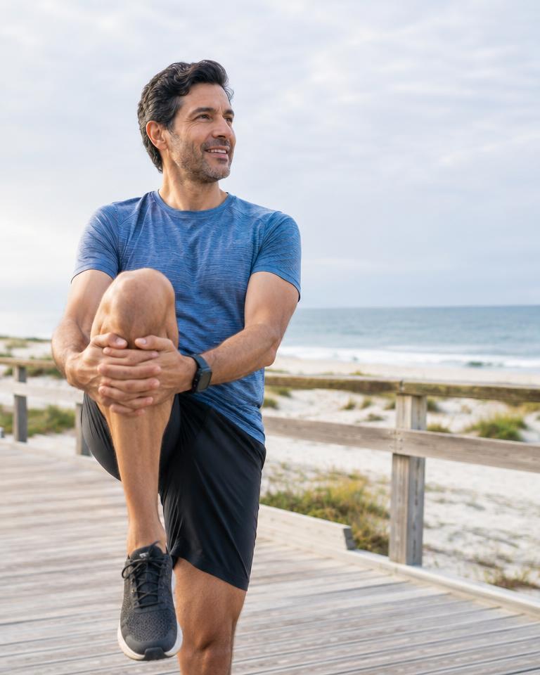 Man stretching beside the coast